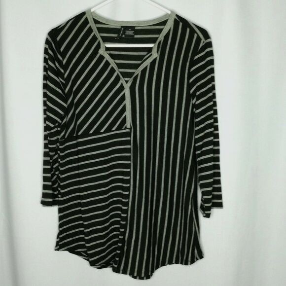 New Directions V Neck Rayon 3/4 Slve Tunic Multi Direction Stripe Long Blouse Sm - Picture 1 of 4